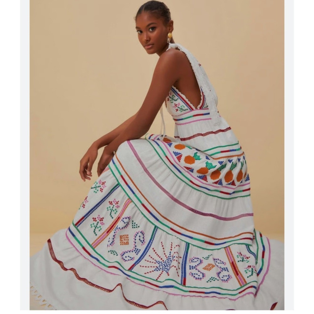 Farm Rio Brazil XL‎ Off White Embroidered lace Pineapple Maxi Dress Tie Shoulder - Picture 3 of 15